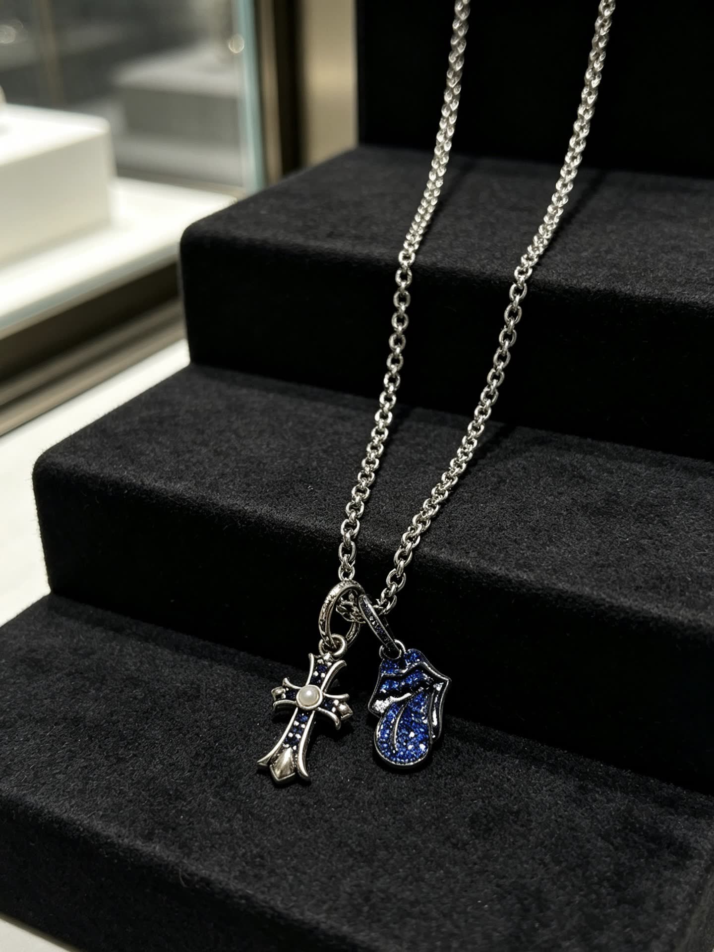 Chrome Hearts Silver Cross and Blue Enamel Charm Necklace
